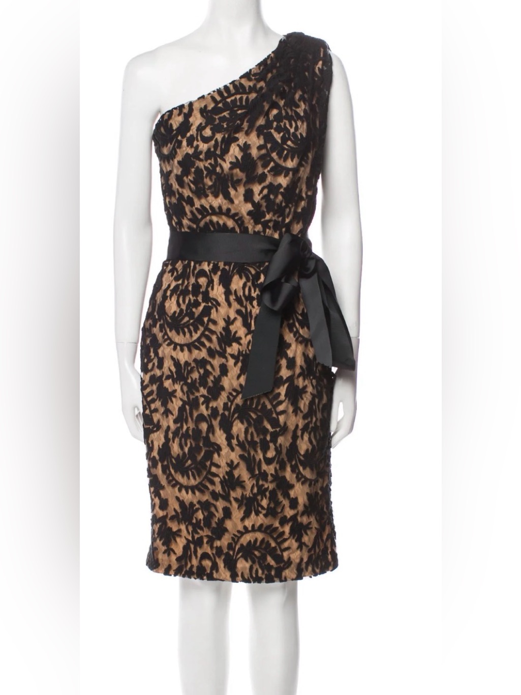Tadashi Shoji Black And Beige Lace One-Shoulder Belted Cocktail Dress